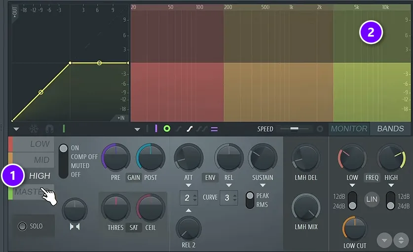 Maximus with the HIGH band selected (1) and the high frequency range where S sounds live (2) numbered
