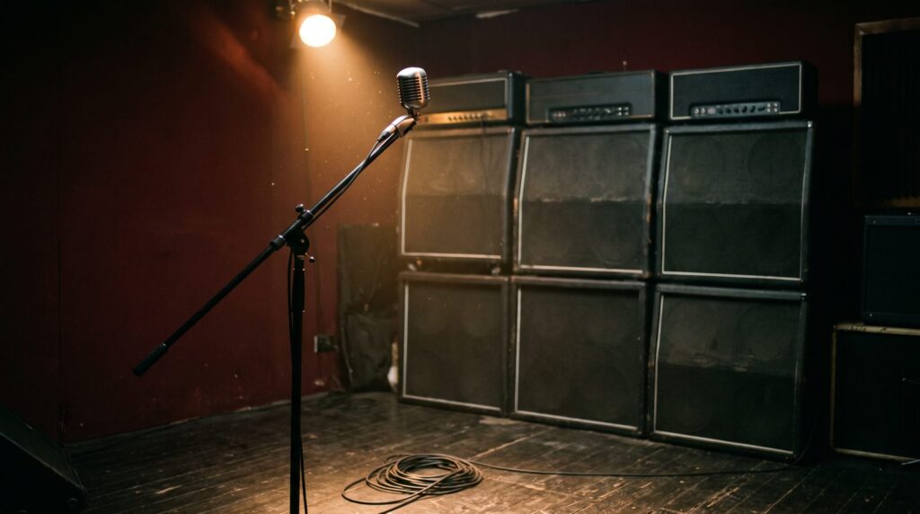 A vintage microphone on a boom stand in front of a wall of guitar amp cabinets in a small rehearsal room, lit by one warm spotlight