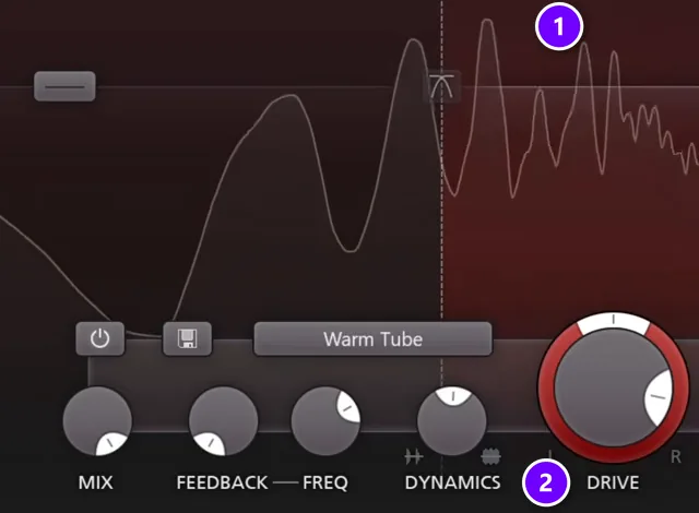 FabFilter Saturn 2 on a vocal distorting only the high band (1) with the Drive knob (2) numbered
