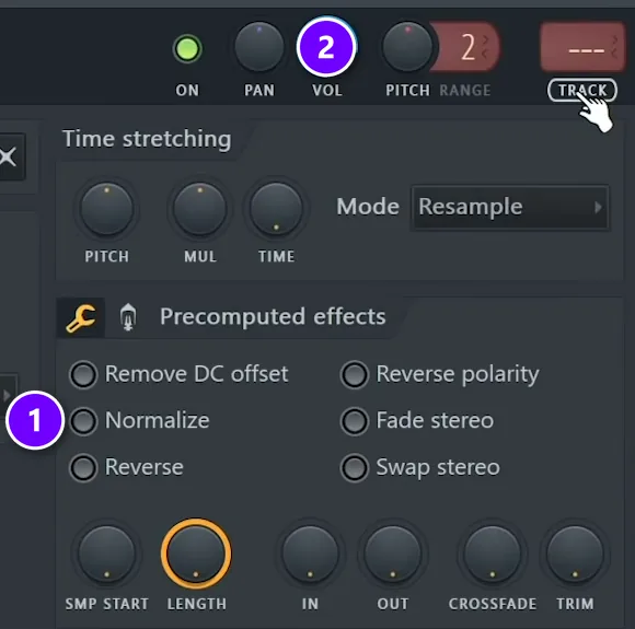 FL Studio channel settings with Normalize under Precomputed effects numbered 1 and the VOL knob numbered 2