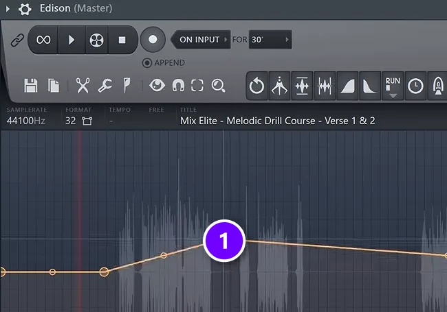 FL Studio Edison with a vocal's volume envelope point raised over a quiet phrase, numbered 1