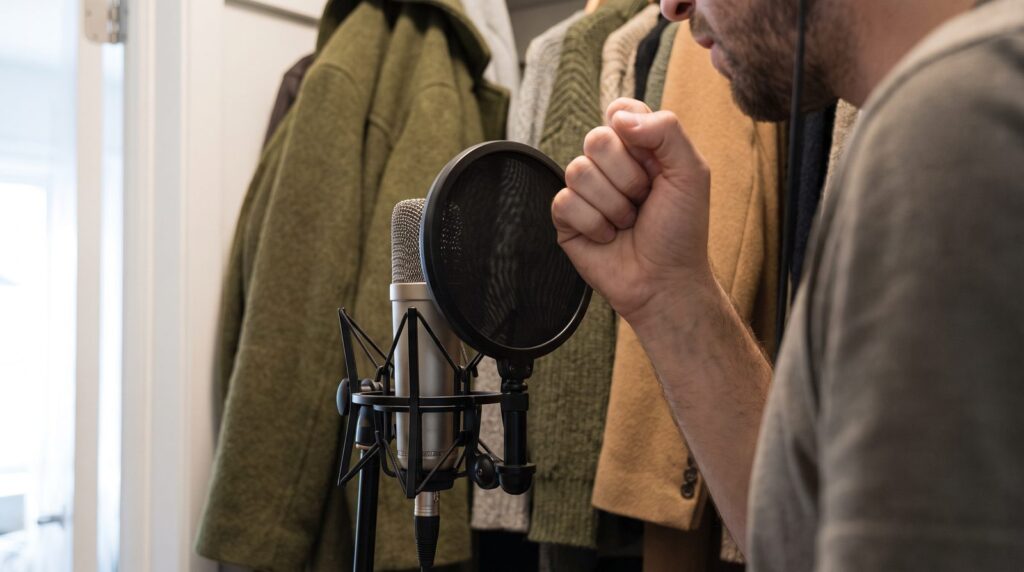 A singer holds up his fist between his mouth and the pop filter to keep a fist's width from the microphone, in a closet full of coats used as a vocal booth