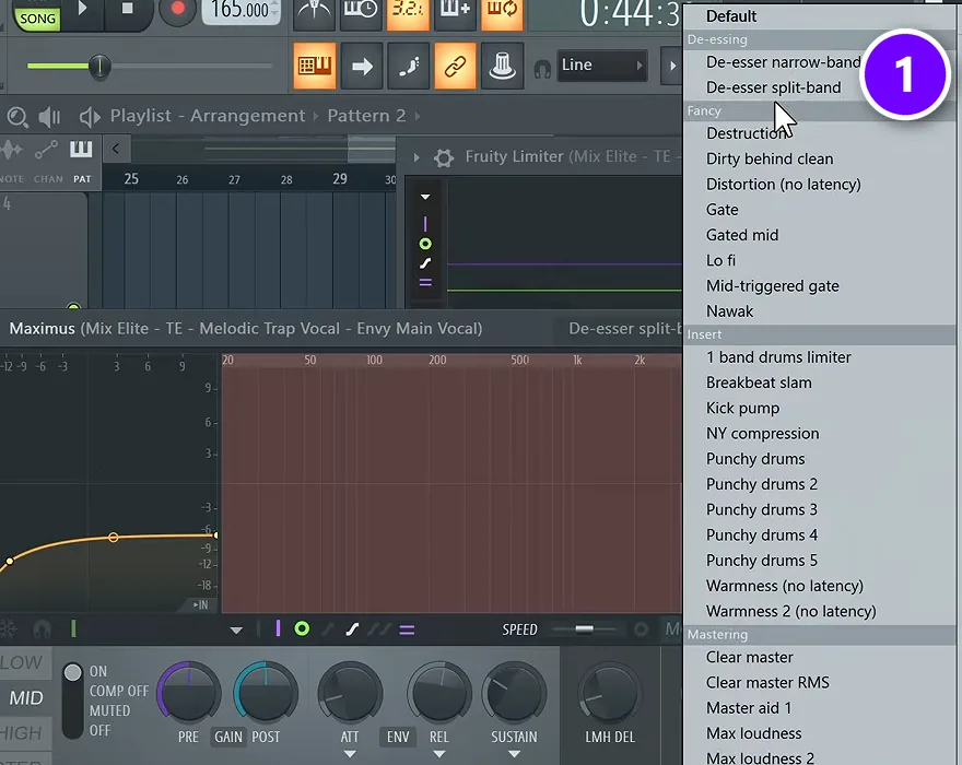 FL Studio Maximus preset menu with the De-esser narrow-band and De-esser split-band presets numbered 1