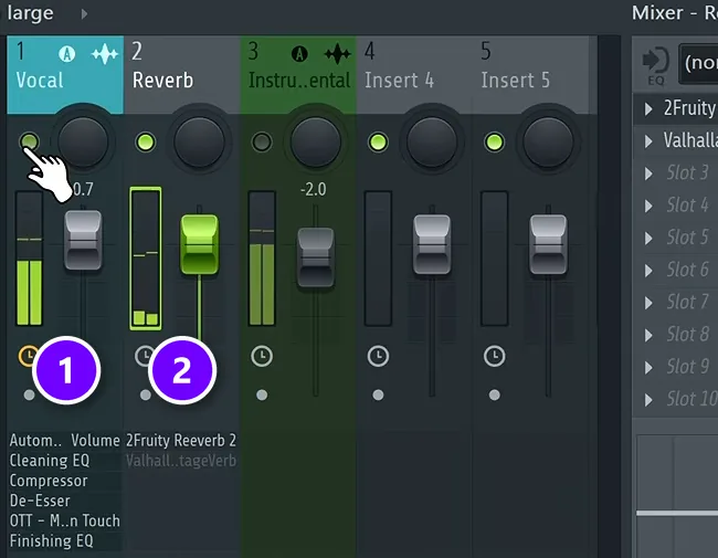 FL Studio mixer with the Vocal track and its effect chain numbered 1 and a separate Reverb track numbered 2