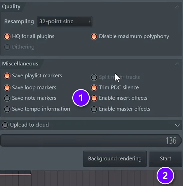 FL Studio render window with Enable insert effects numbered 1 and the Start button numbered 2