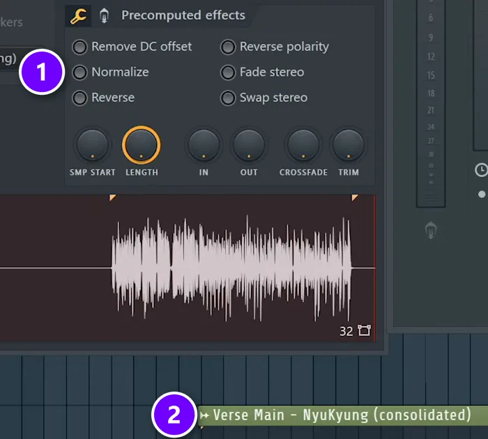 FL Studio channel settings with Normalize under Precomputed effects numbered 1 and the consolidated vocal clip numbered 2