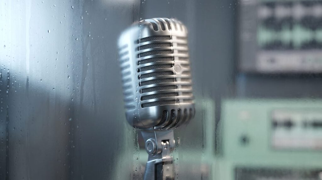 A microphone behind fogged glass with one clean stripe wiped through it, like a vocal buried in too much reverb next to a clear one