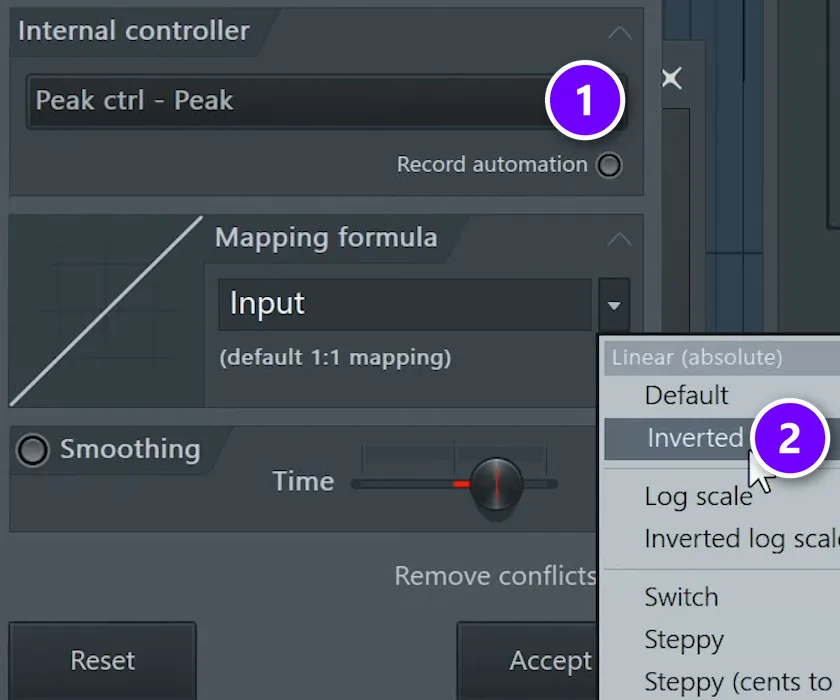 FL Studio Remote control settings with Peak ctrl - Peak numbered 1 and the Inverted mapping formula numbered 2