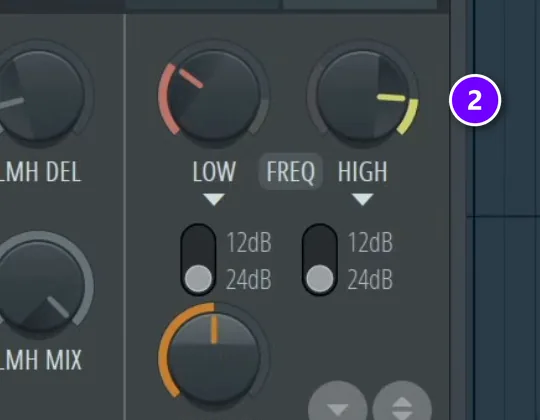 FL Studio Maximus band frequency knobs with the HIGH frequency knob numbered 2