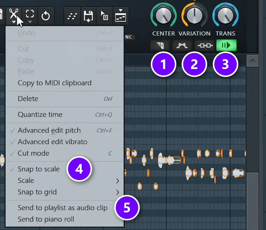 FL Studio NewTone with CENTER, VARIATION and TRANS numbered 1 to 3, Snap to scale numbered 4 and Send to playlist as audio clip numbered 5