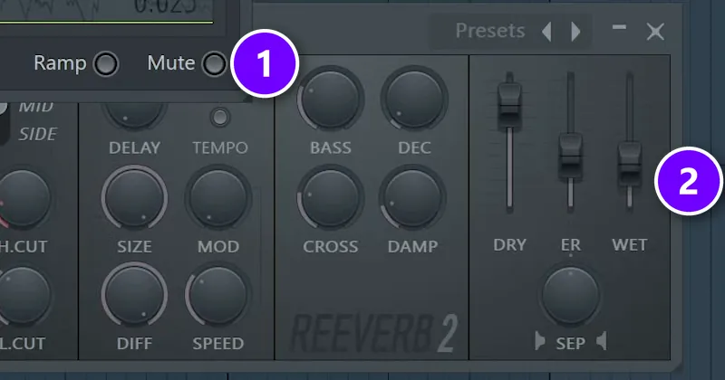 FL Studio Fruity Peak Controller Mute switch numbered 1 above Fruity Reeverb 2 with its WET fader numbered 2