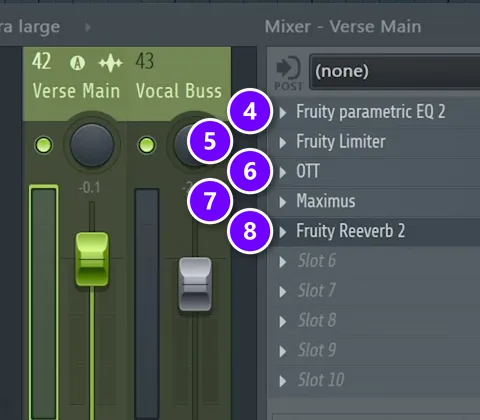 FL Studio mixer track Verse Main with Fruity Parametric EQ 2, Fruity Limiter, OTT, Maximus and Fruity Reeverb 2 numbered as steps 4 to 8