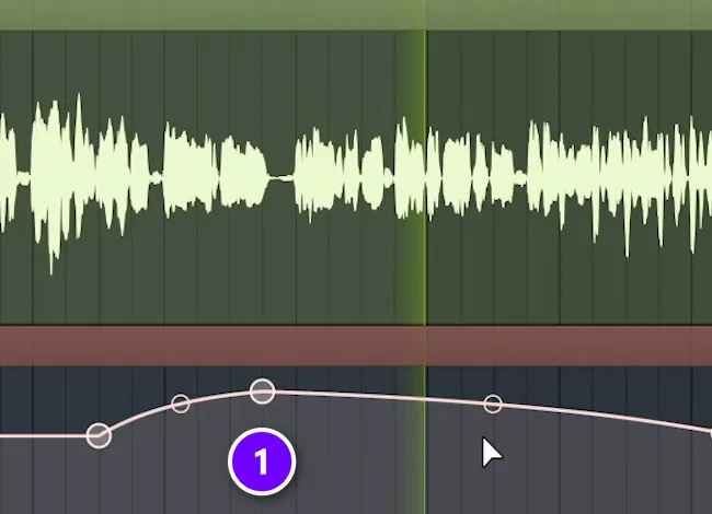 FL Studio Playlist with a vocal clip and its channel volume automation curve raised on a quiet phrase, numbered 1