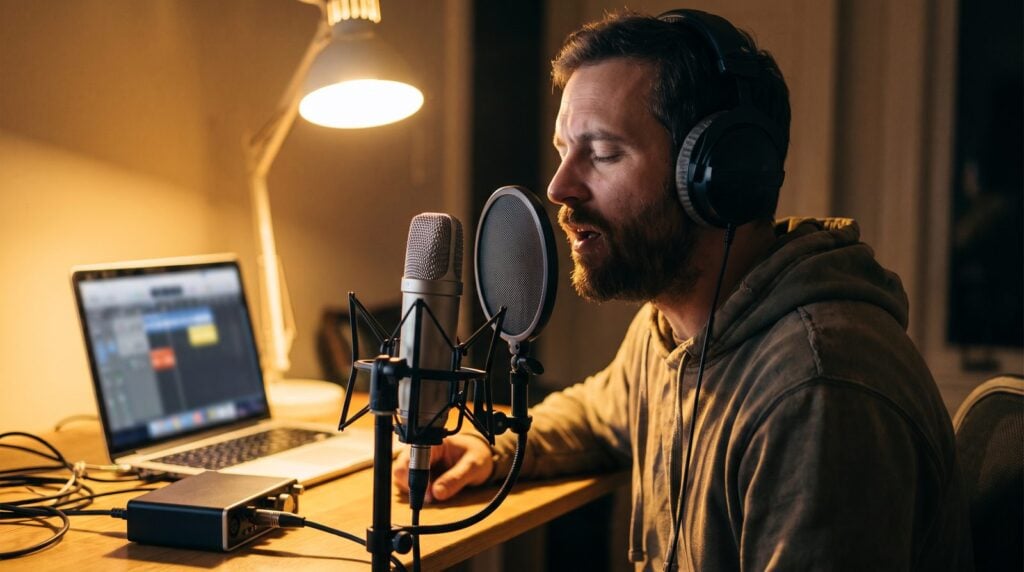 Man singing into a condenser microphone with a pop filter at a home studio desk at night