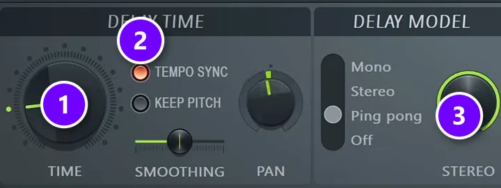 FL Studio Fruity Delay 3 with the TIME knob, TEMPO SYNC and the Ping pong delay model numbered 1 to 3