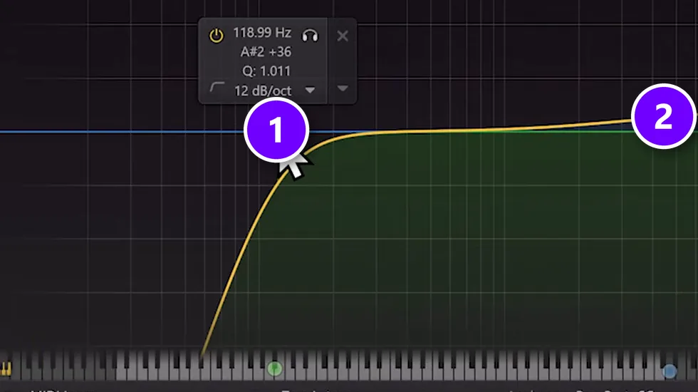 EQ on a lead vocal with a low cut at about 119 Hz numbered 1 and a gentle high shelf boost numbered 2