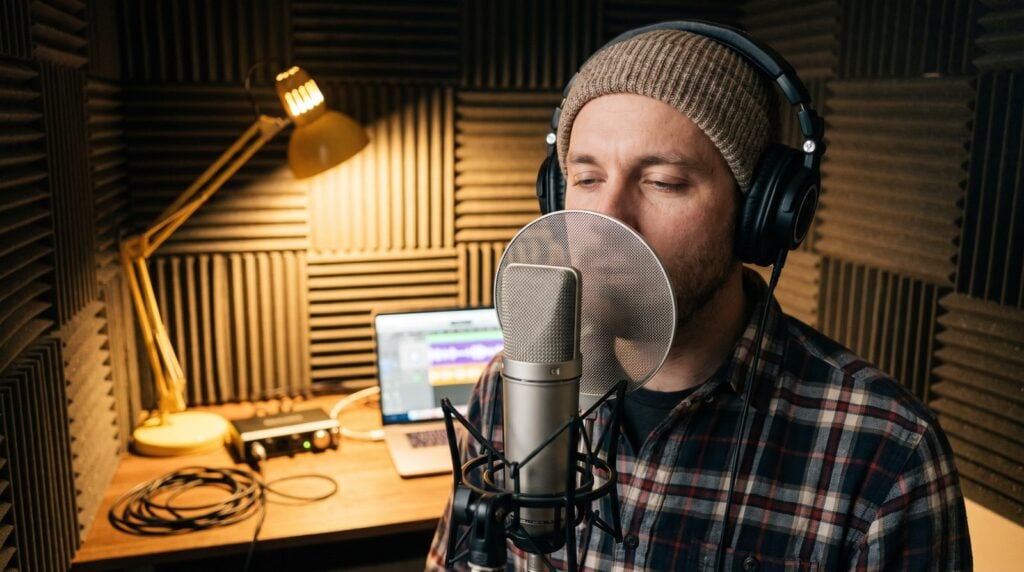 Man singing into a condenser microphone with a pop filter in a small home studio lined with acoustic foam
