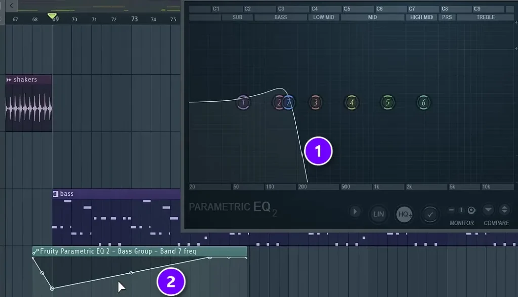 Fruity Parametric EQ 2 with its top band as a steep low-pass filter (1) and an automation clip in the Playlist that opens it before the drop (2)