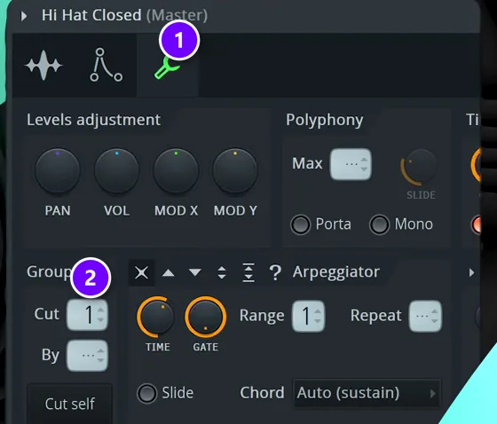 FL Studio channel settings for a closed hi-hat: the Miscellaneous functions tab (1) and Group Cut set to 1 (2)
