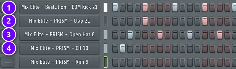 FL Studio Channel Rack with a house pattern: kick on every beat (1), clap on beats 2 and 4 (2), open hat on the off-beats (3) and a closed hat (4)