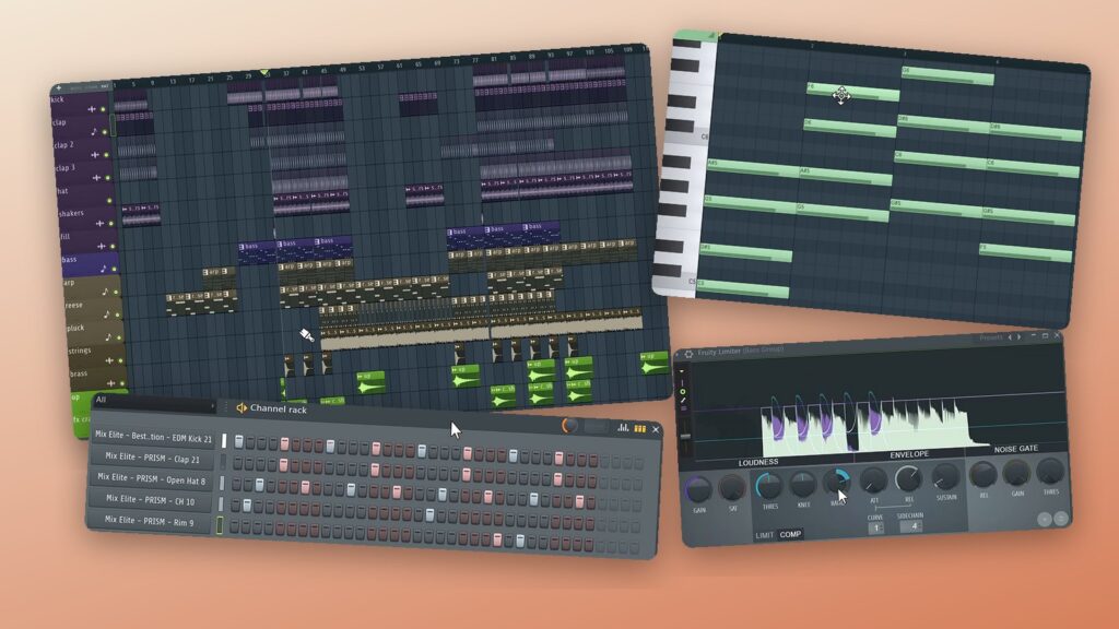 Collage of real FL Studio screenshots from this guide: the house arrangement, 7th chords, the sidechain limiter and the four-on-the-floor drum pattern
