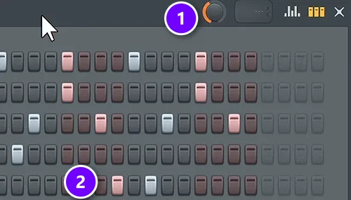 FL Studio Channel Rack with the swing knob turned up (1) and a rim on the off-beats near the end of the bar (2)