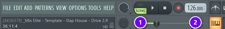 FL Studio top toolbar with the PAT/SONG switch (1) and the tempo box set to 126 (2)