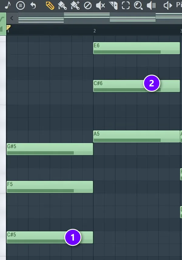 FL Studio Piano Roll with a chord's root note (1) and a three-note chord stacked above its root (2)