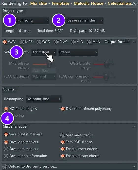 FL Studio export window with Full song (1), Leave remainder (2), 32Bit float (3) and HQ for all plugins (4) numbered