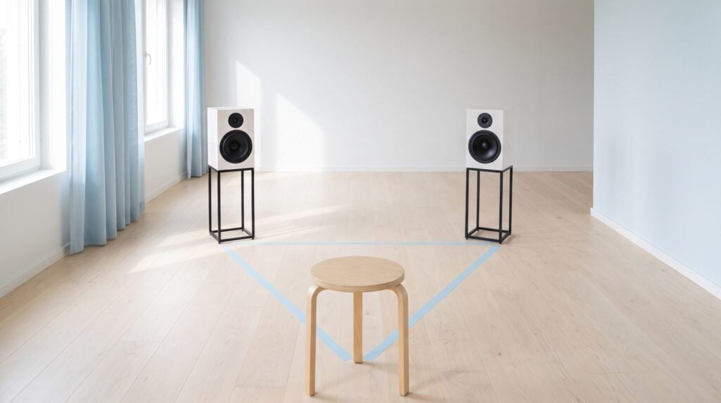 Two studio monitors on stands and a wooden stool in an empty sunlit room, with blue tape on the floor marking the equal triangle between them