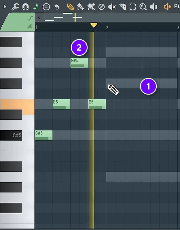 FL Studio Piano Roll with the chords shown as grey ghost notes (1) and melody notes drawn on chord notes (2)