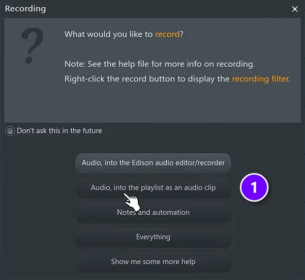 FL Studio Recording window with Audio, into the playlist as an audio clip (1) numbered