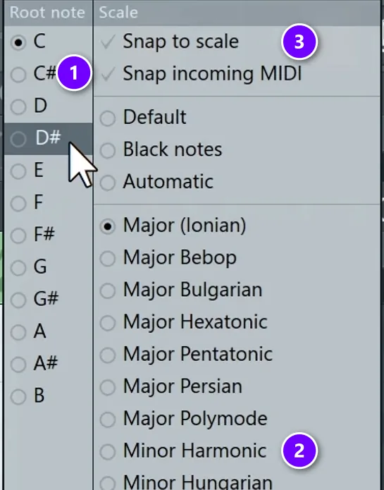 FL Studio Piano Roll scale menu with the root note list (1), Minor Harmonic (2) and Snap to scale (3) numbered