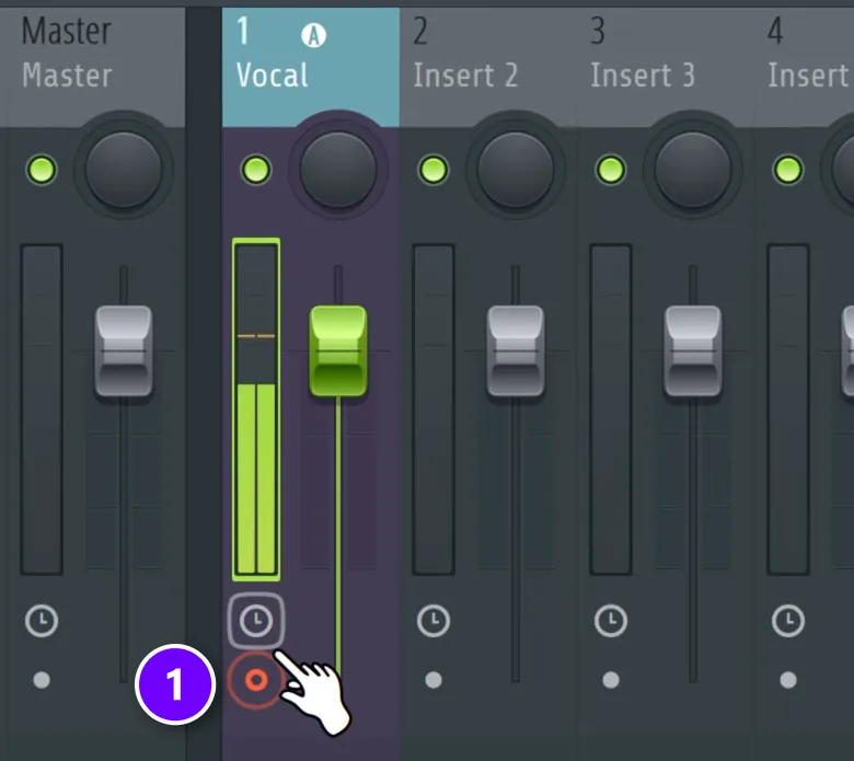 FL Studio Mixer with the arm button of the Vocal track being clicked (1) and its meter showing signal