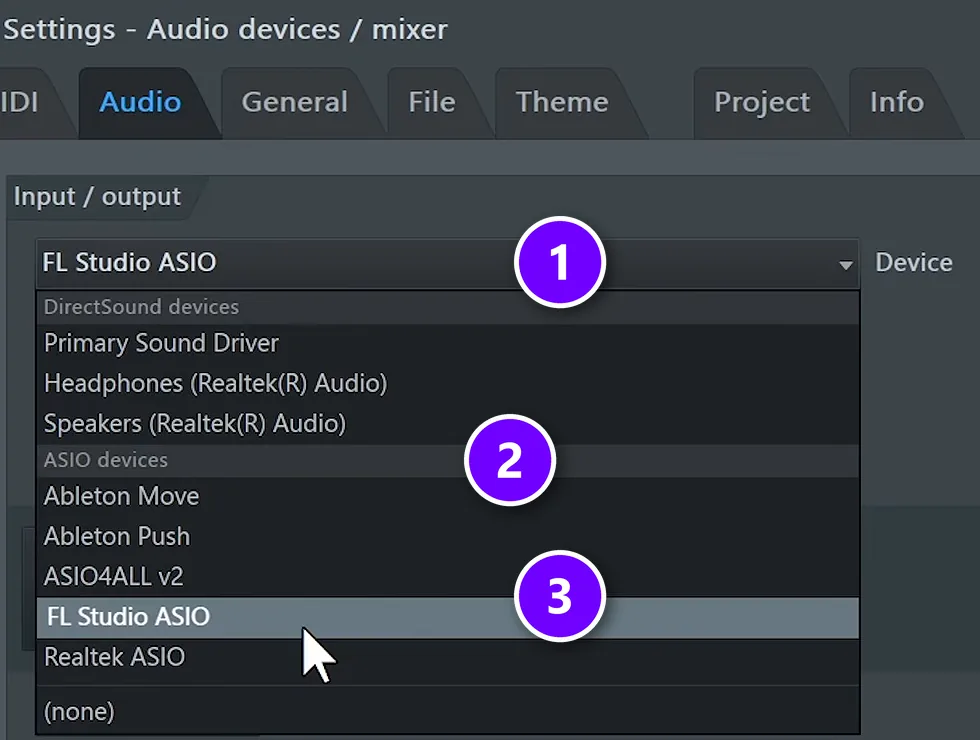 FL Studio Audio settings with the Device menu open (1), the ASIO devices list (2) and the ASIO4ALL v2 and FL Studio ASIO fallbacks (3)