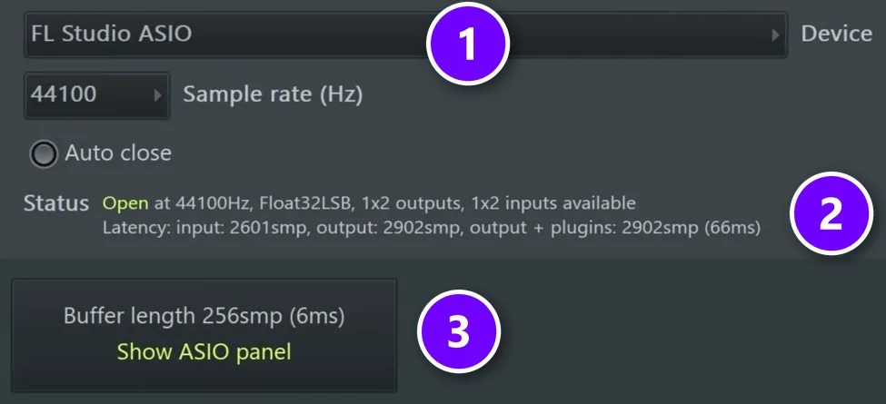 FL Studio Audio settings with the Device (1), the Status line with the measured latency (2) and Buffer length 256smp (6ms) with Show ASIO panel (3)