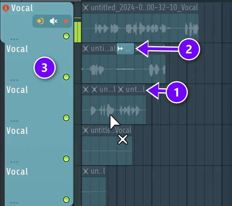 Five vocal takes stacked under the Vocal track (3) in the FL Studio Playlist, with muted pieces marked X (1) and the one kept piece (2)