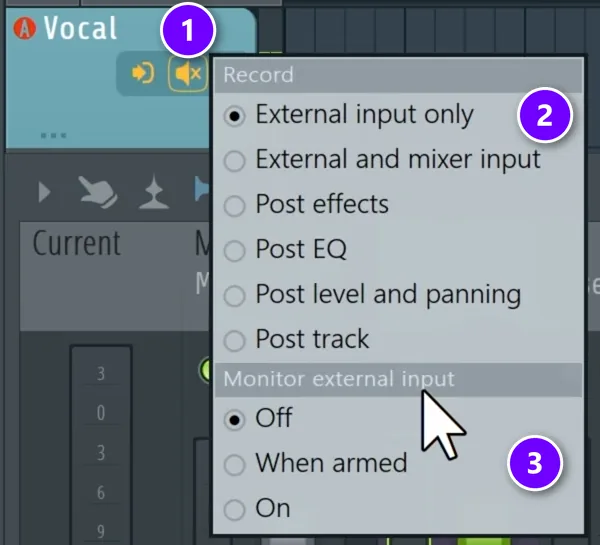 FL Studio track menu opened from the speaker icon (1) with External input only selected (2) and the Monitor external input options, including When armed (3)