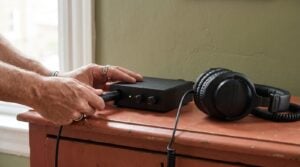 A man's hands plugging a microphone cable into a small audio interface next to closed-back headphones on a terracotta dresser