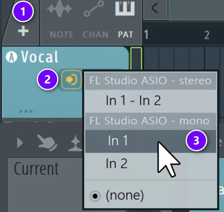 FL Studio Playlist with the + button (1), the Vocal track's input button (2) and the mono input In 1 (3) in the input list