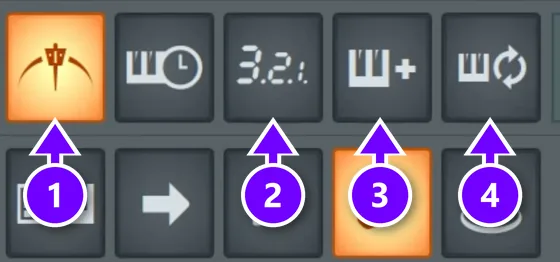 FL Studio toolbar recording buttons: Metronome (1), Countdown before recording (2), Blend recording (3) and Loop recording (4)