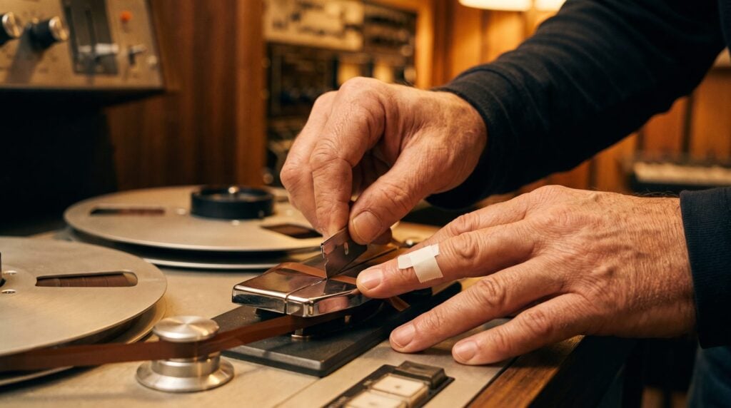 An engineer's hands cutting reel-to-reel tape with a razor blade on a chrome splicing block, the way takes were comped before computers