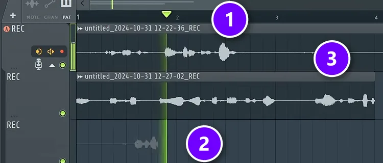 FL Studio Playlist with the bar ruler (1), a new vocal take recording on its own lane (2) and an earlier take kept above it (3)