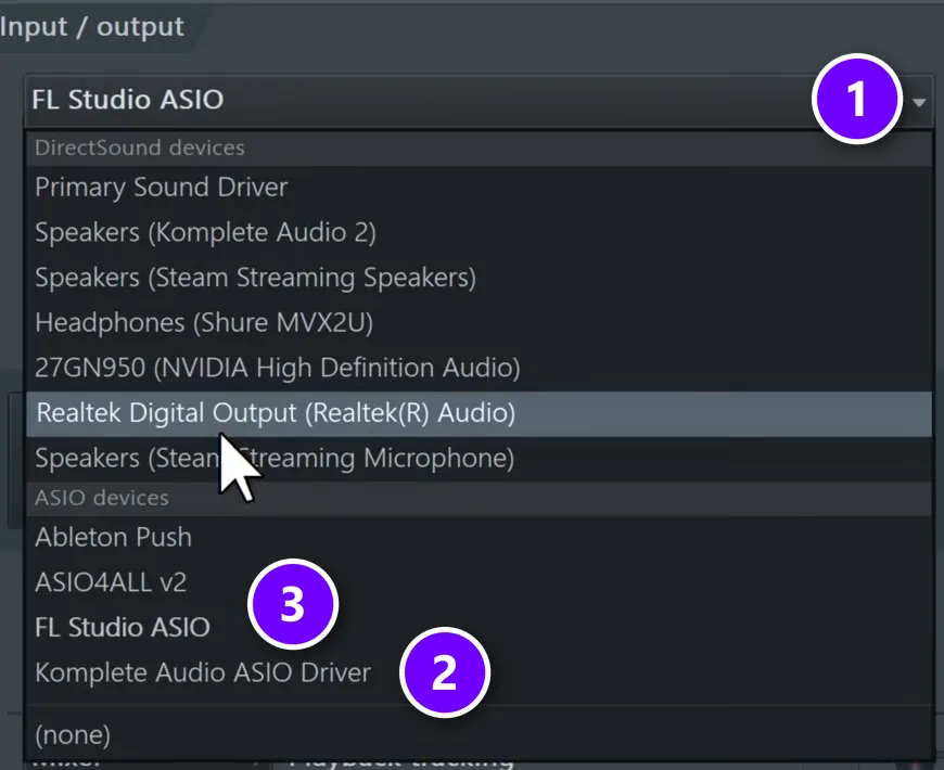 FL Studio Audio settings with the Device menu (1), the interface's ASIO driver (2) and FL Studio ASIO and ASIO4ALL (3) numbered