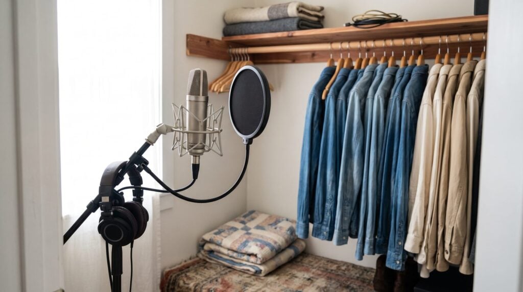 A condenser microphone with a pop filter in front of it, set up inside a walk-in closet full of denim and cream shirts