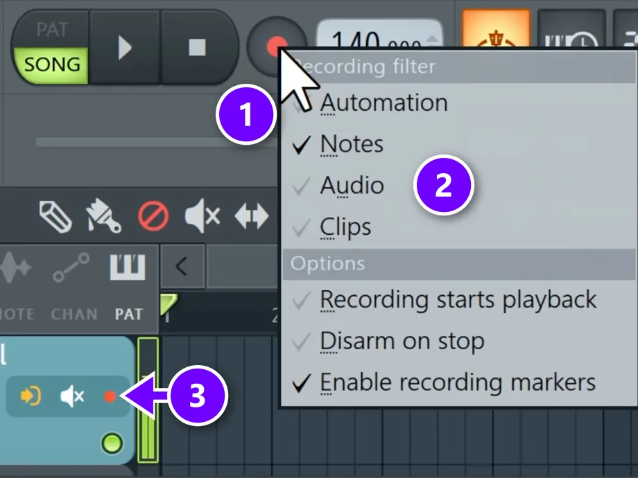 FL Studio record button (1) with its Recording filter menu and Audio (2) numbered, and a vocal track's arm button (3)