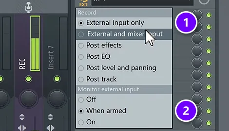 FL Studio Mixer input menu with the record mode External input only (1) and Monitor external input set to When armed (2)