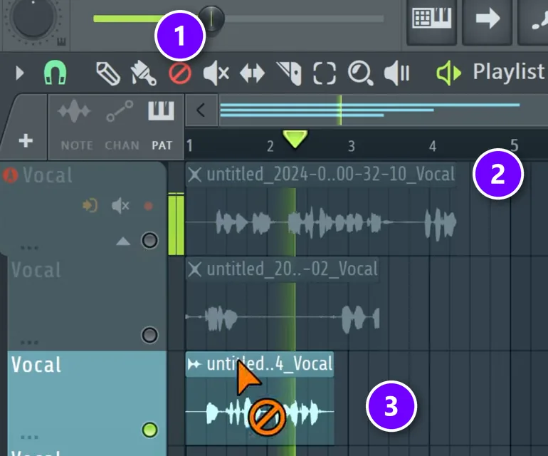 FL Studio Playlist with the Mute tool (1), a muted vocal take (2) and the kept take (3) stacked on separate lanes