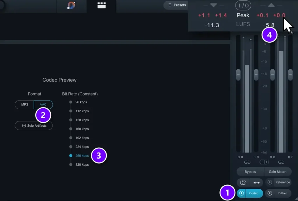 iZotope Ozone codec preview with the Codec button, AAC format, 256 kbps and the output peak meter numbered 1 to 4