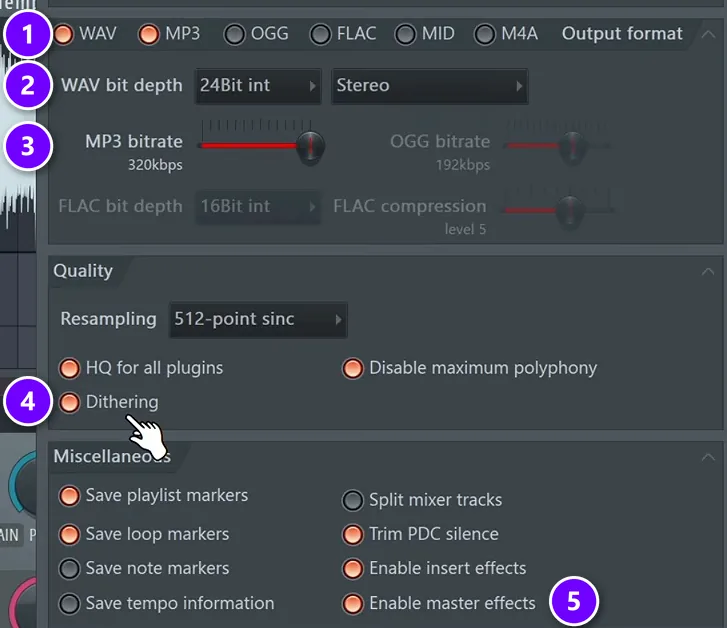 FL Studio export window with WAV and MP3, 24-bit depth, 320 kbps MP3 bitrate, dithering and master effects numbered 1 to 5
